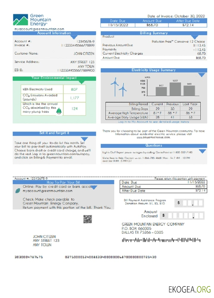 USA Green Mountain Energy utility bill template in Word and PDF format